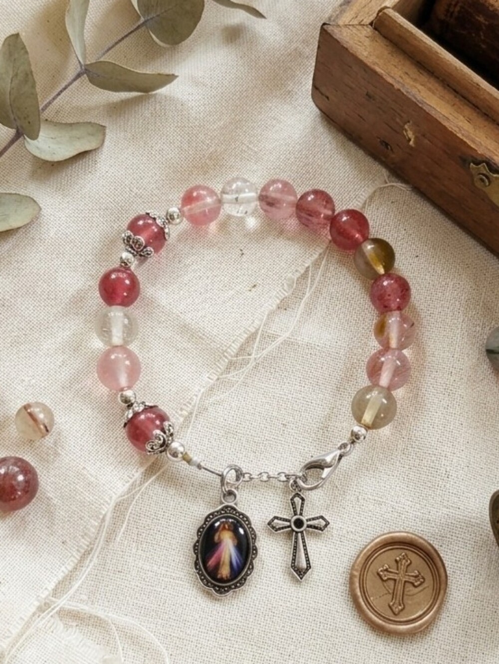 Strawberry Rosary Bracelet with Devine Mercy Medal